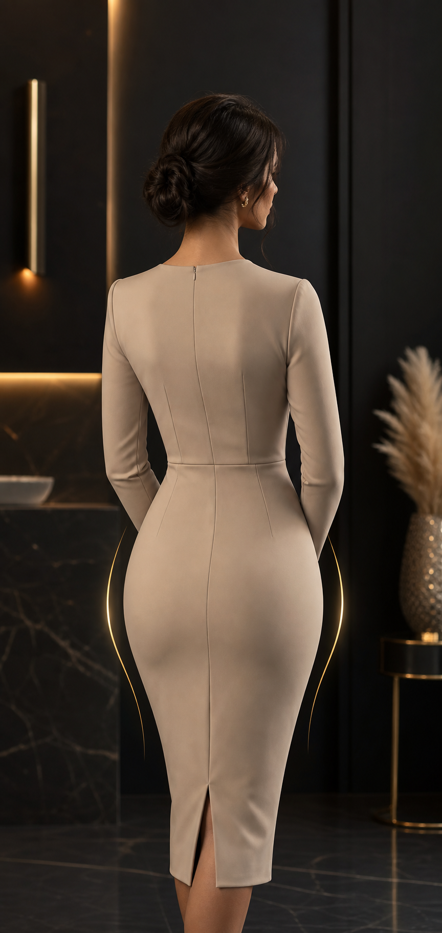 Elegant modest beige dress body contouring visual
